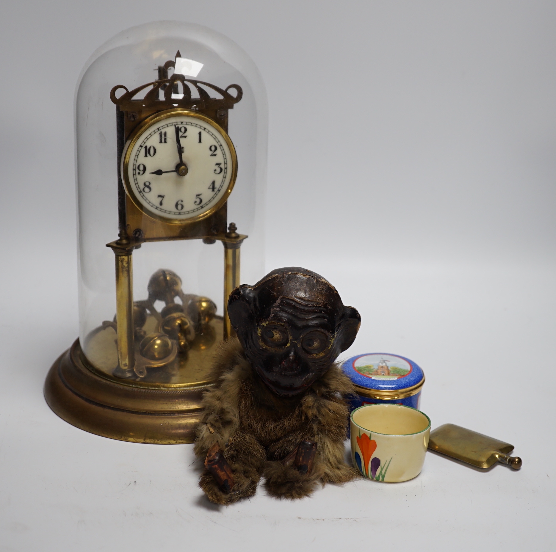Sundry items including domed clock, limited edition enamel box, Clarice Cliff Crocus pattern pot and silver mounted hat pin cylinder, the largest 29cm high